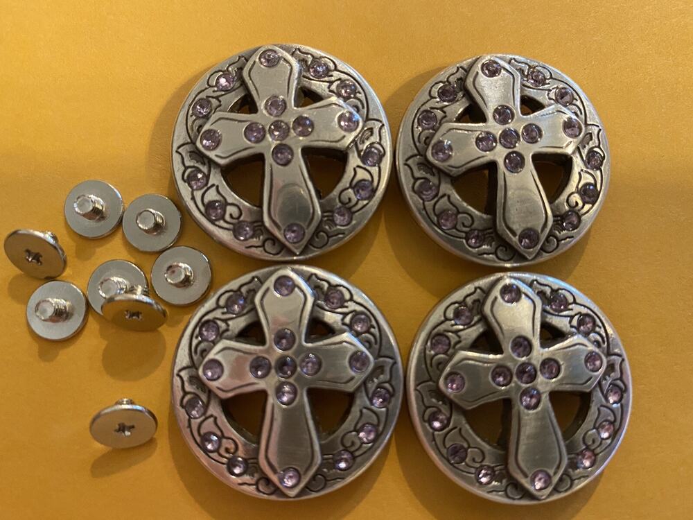 Lot Of 4 Silver Cross With Purple Rhinestone Conchos With Screws 1”